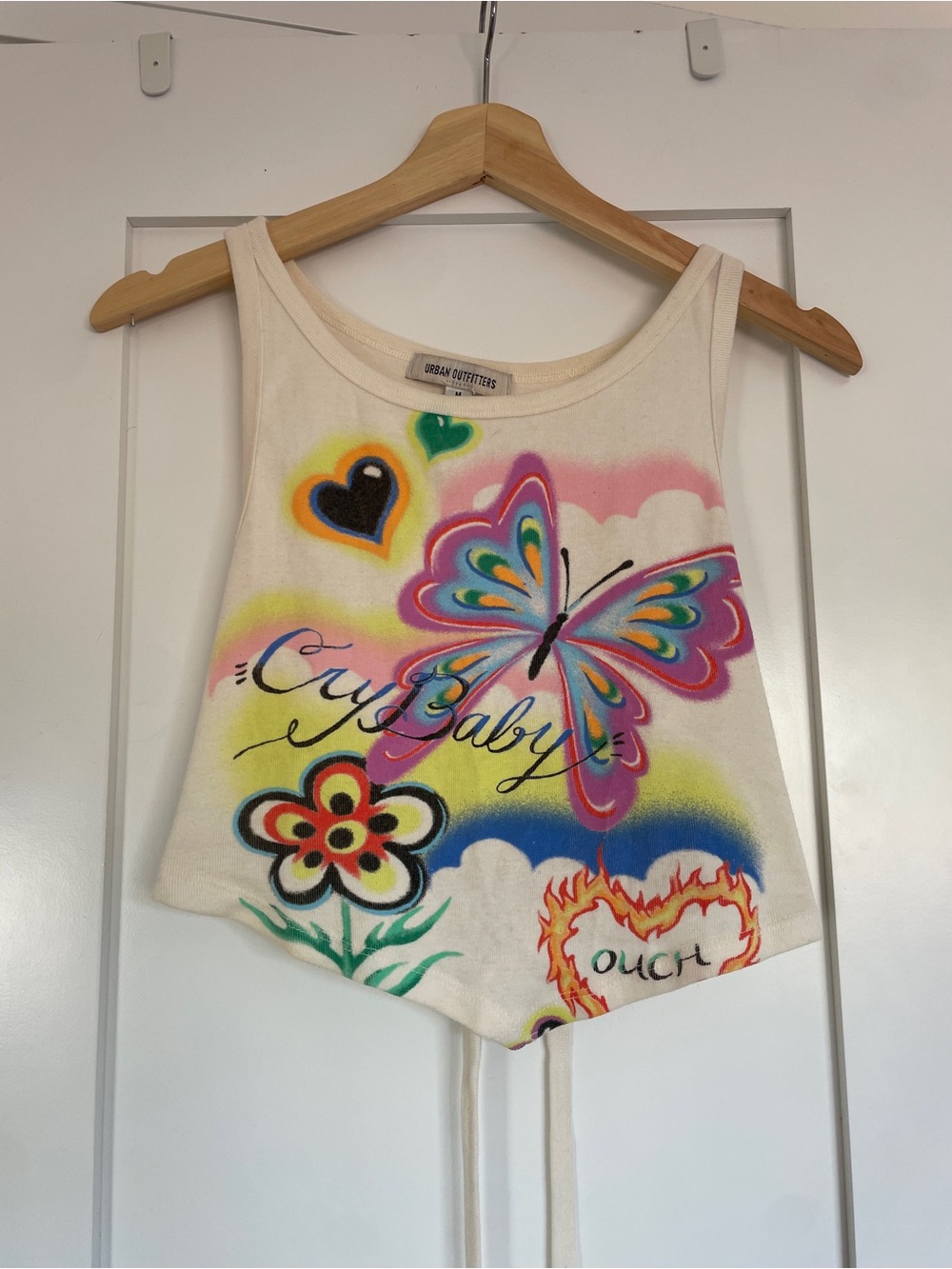 Urban Outfitters Cream Tank Top with Multicolor Butterfly & Floral Airbrush